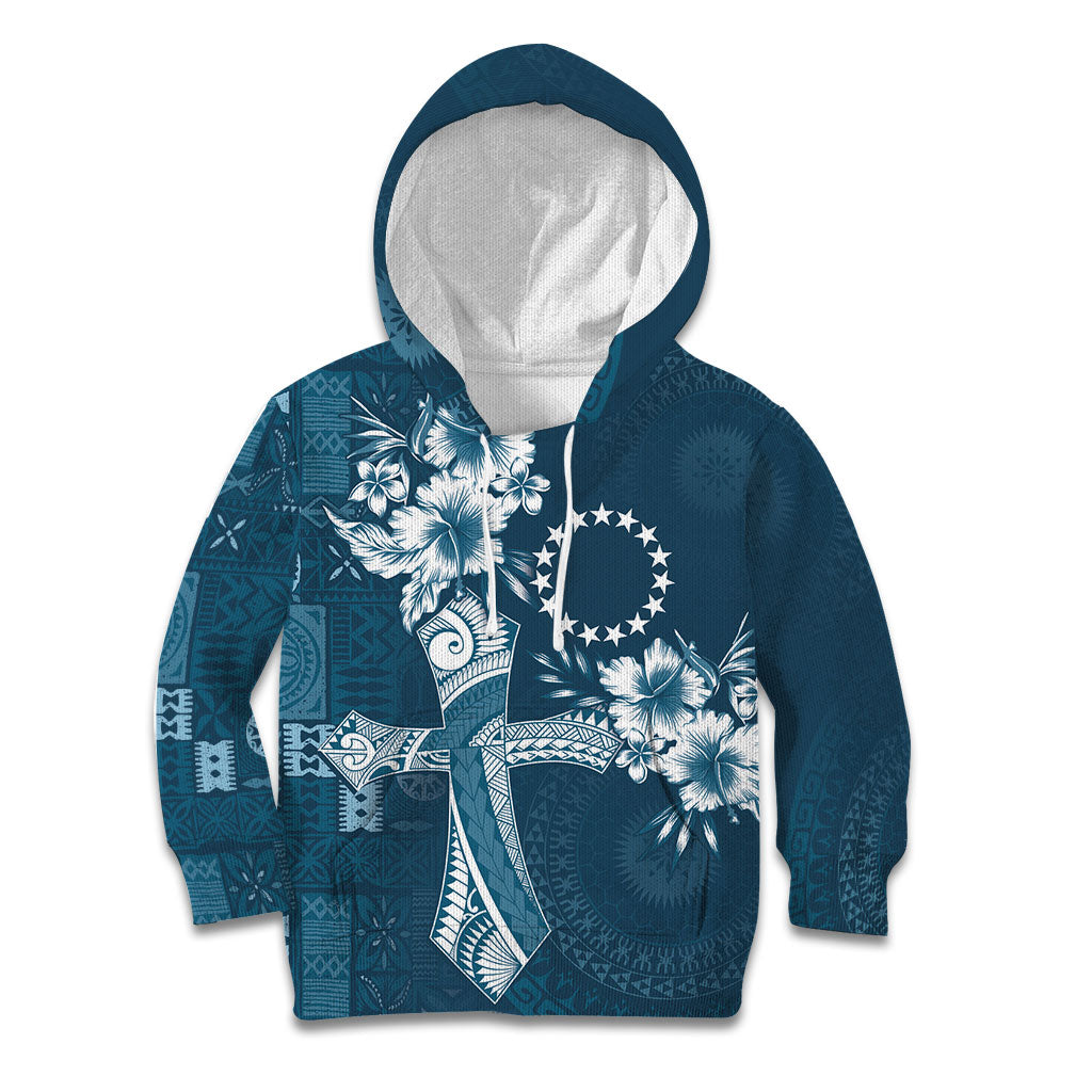 Kia Orana Cook Islands Tapa Floral With Cross Kid Hoodie Navy Blue LT7 Hoodie Navy Blue - Polynesian Pride