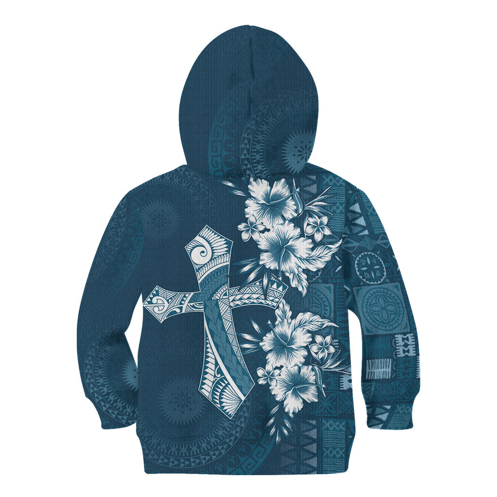 Kia Orana Cook Islands Tapa Floral With Cross Kid Hoodie Navy Blue LT7 - Polynesian Pride