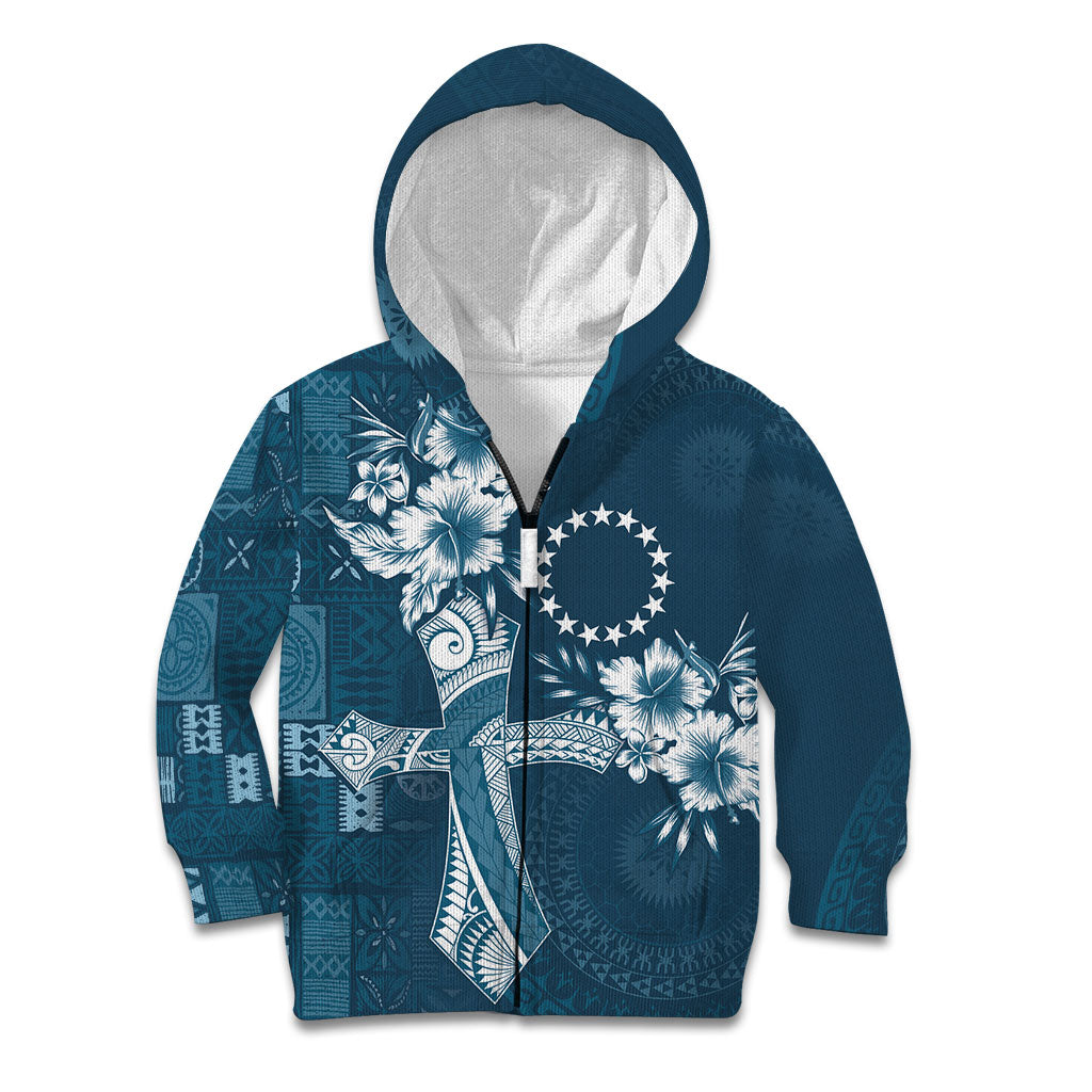 Kia Orana Cook Islands Tapa Floral With Cross Kid Hoodie Navy Blue LT7 Zip Hoodie Navy Blue - Polynesian Pride