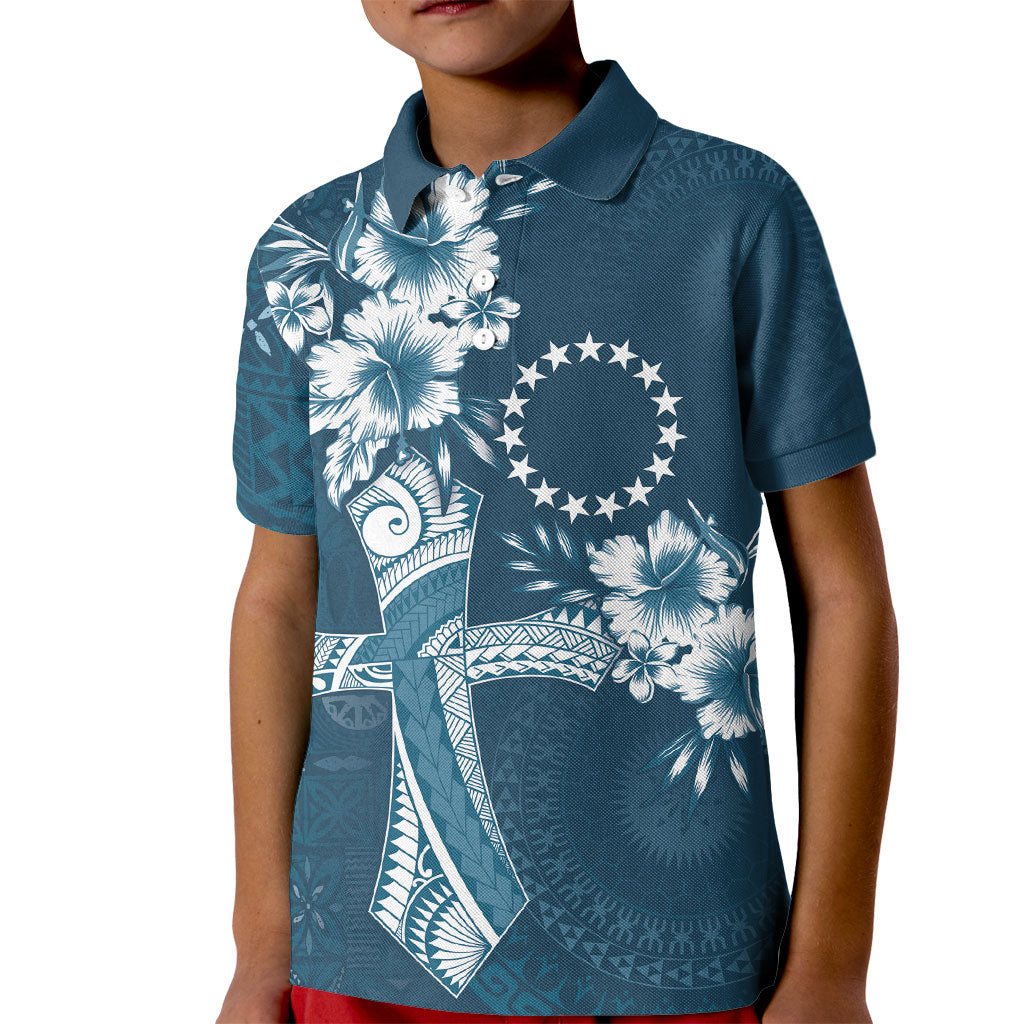 Kia Orana Cook Islands Tapa Floral With Cross Kid Polo Shirt Navy Blue LT7 Kid Navy Blue - Polynesian Pride