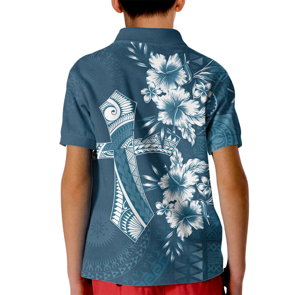 Kia Orana Cook Islands Tapa Floral With Cross Kid Polo Shirt Navy Blue LT7 - Polynesian Pride