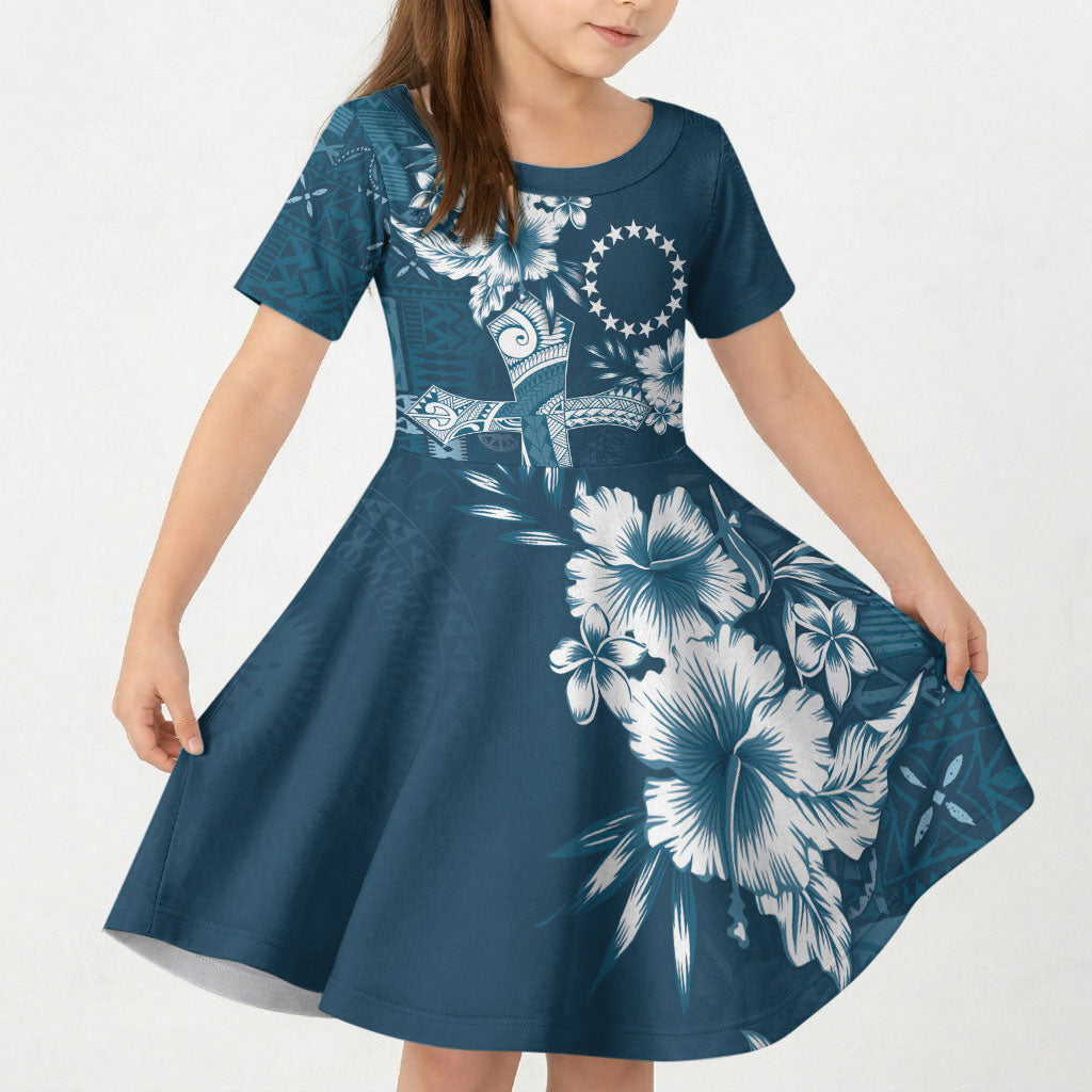 Kia Orana Cook Islands Tapa Floral With Cross Kid Short Sleeve Dress Navy Blue LT7 KID Navy Blue - Polynesian Pride