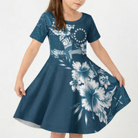Kia Orana Cook Islands Tapa Floral With Cross Kid Short Sleeve Dress Navy Blue LT7 KID Navy Blue - Polynesian Pride