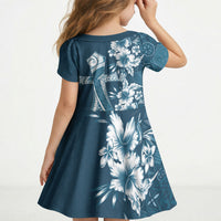 Kia Orana Cook Islands Tapa Floral With Cross Kid Short Sleeve Dress Navy Blue LT7 - Polynesian Pride