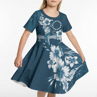 Kia Orana Cook Islands Tapa Floral With Cross Kid Short Sleeve Dress Navy Blue LT7 - Polynesian Pride