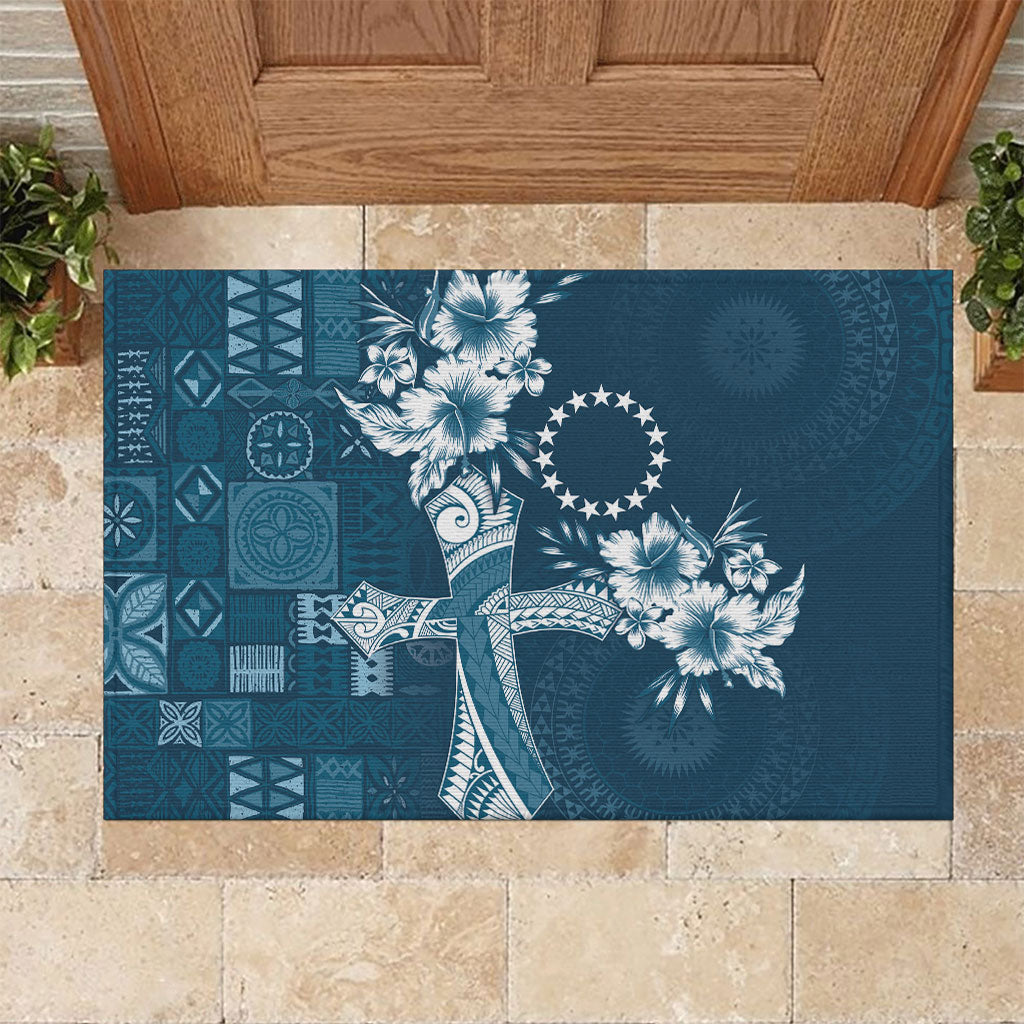 Kia Orana Cook Islands Tapa Floral With Cross Rubber Doormat Navy Blue LT7 Navy Blue - Polynesian Pride