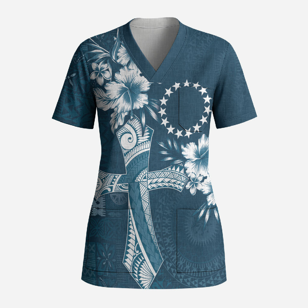 Kia Orana Cook Islands Tapa Floral With Cross Scrub Top Navy Blue LT7 Adult Navy Blue - Polynesian Pride