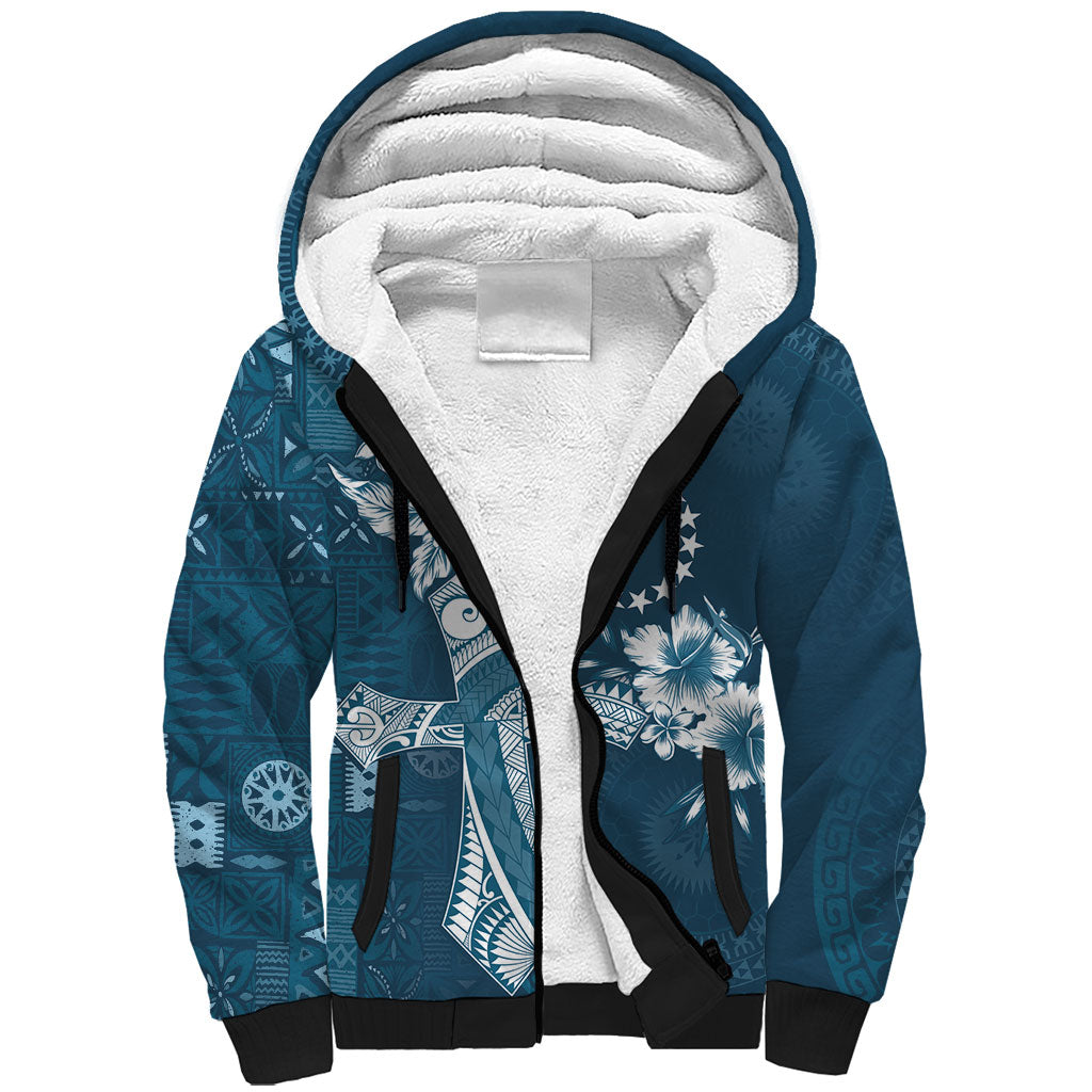 Kia Orana Cook Islands Tapa Floral With Cross Sherpa Hoodie Navy Blue