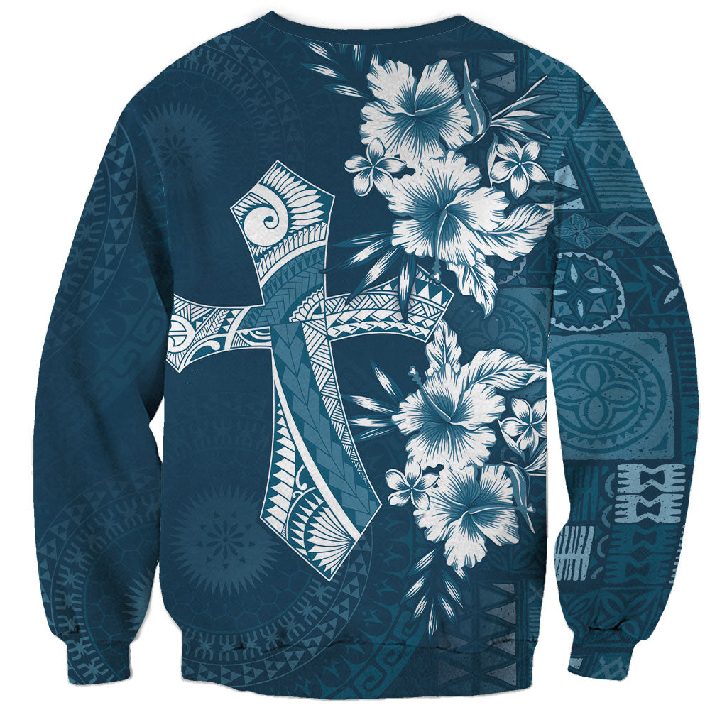 Kia Orana Cook Islands Tapa Floral With Cross Sweatshirt Navy Blue LT7 - Polynesian Pride