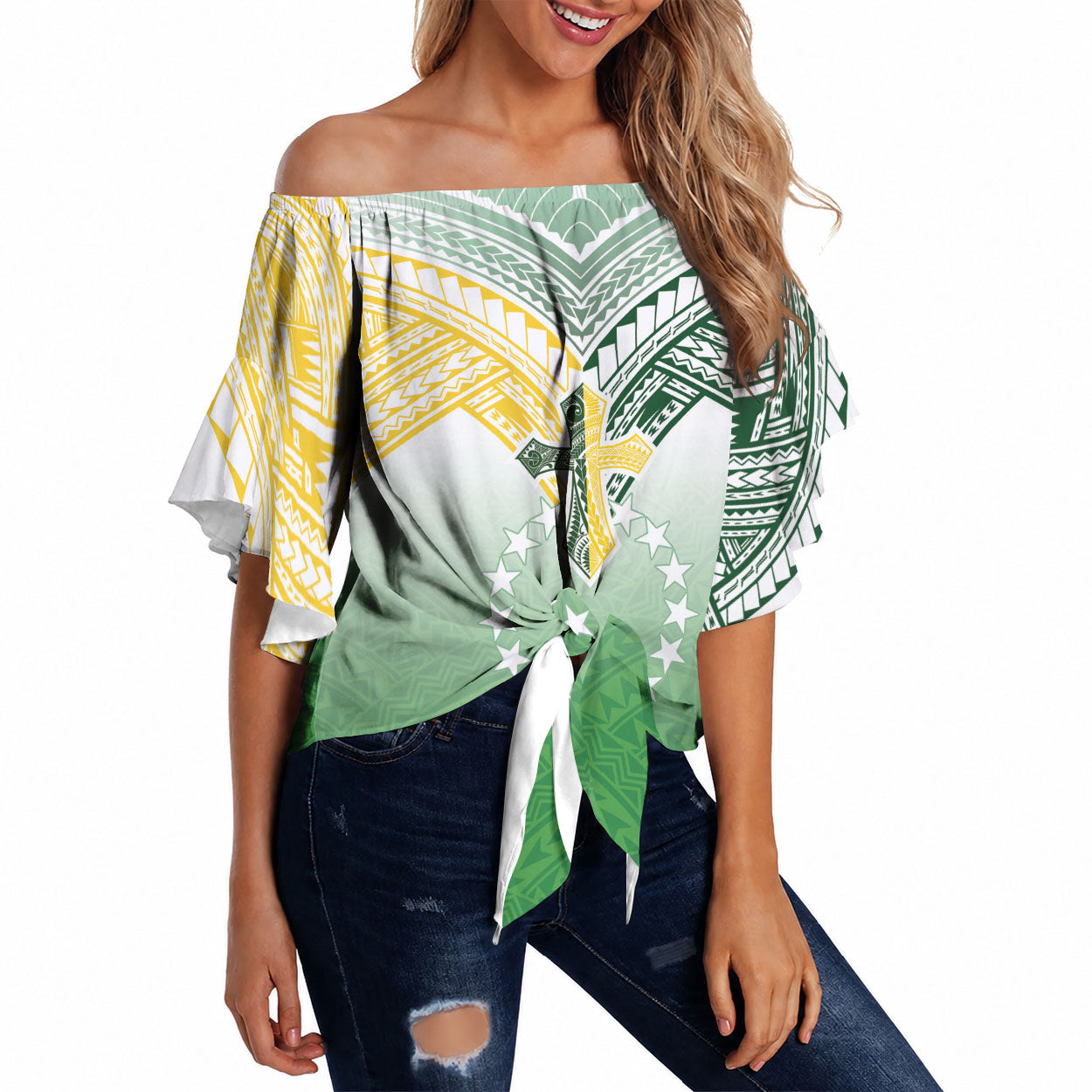 Cook Islands Rugby Medallion Of Stars Off Shoulder Wrap Waist Top Kuki Airani Avaiki LT7 White Green - Polynesian Pride