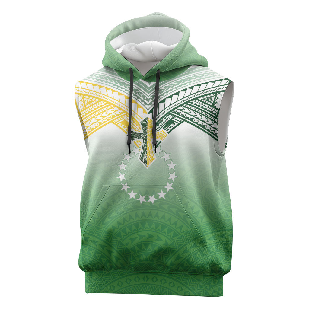 Cook Islands Rugby Medallion Of Stars Sleeveless Hoodie Kuki Airani Avaiki LT7 White Green - Polynesian Pride