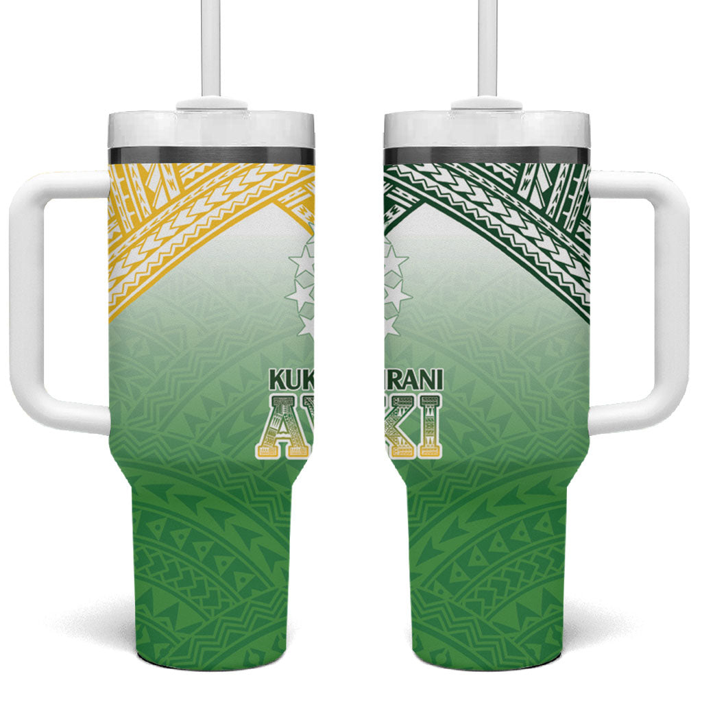 Cook Islands Rugby Medallion Of Stars Tumbler With Handle Kuki Airani Avaiki LT7 One Size: 40 oz White Green - Polynesian Pride