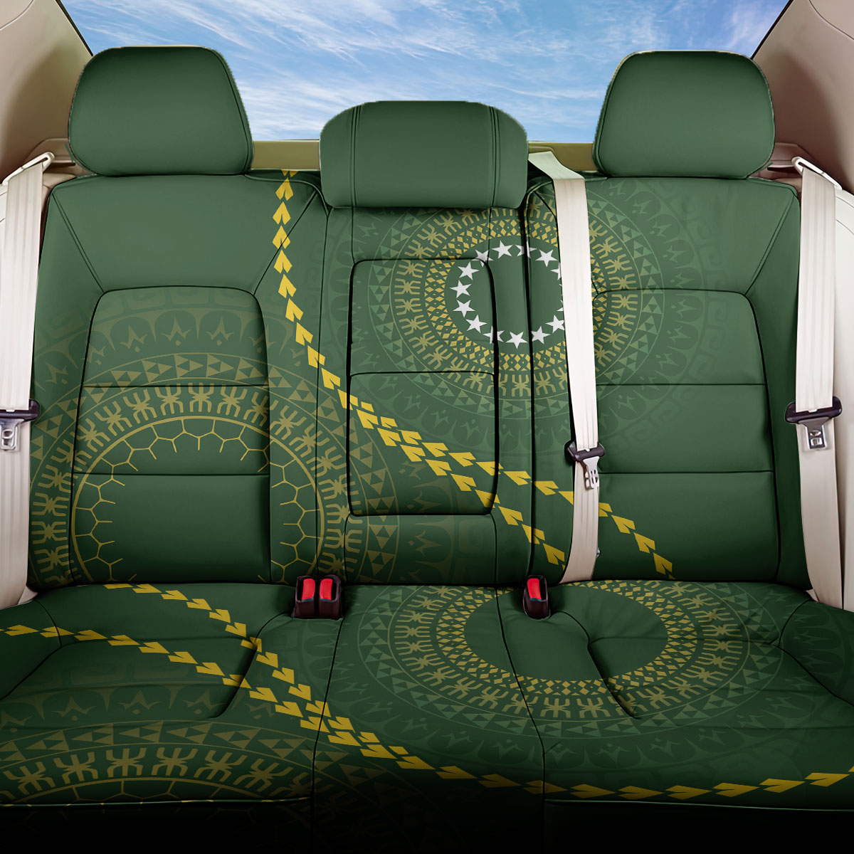 Cook Islands Rugby Back Car Seat Cover Kuki Tapa Motifs - Medallion Of Stars LT7 One Size Dark Green - Polynesian Pride