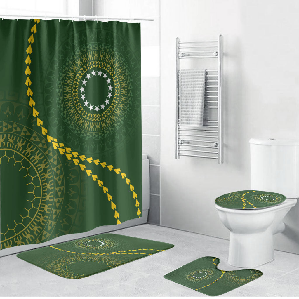 Cook Islands Rugby Bathroom Set Kuki Tapa Motifs - Medallion Of Stars LT7 Bathroom Set (4 pcs) Dark Green - Polynesian Pride