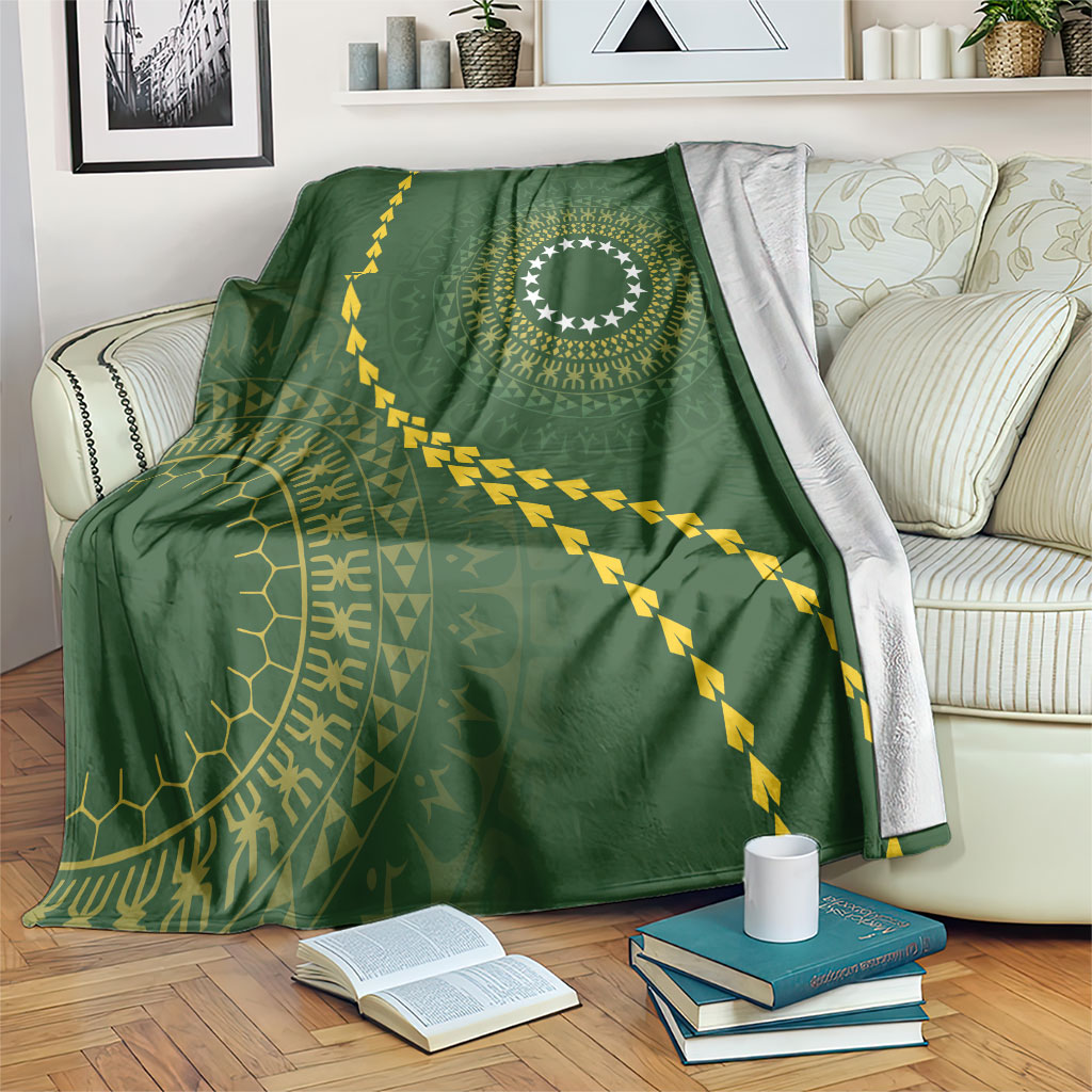 Cook Islands Rugby Blanket Kuki Tapa Motifs - Medallion Of Stars LT7 Dark Green - Polynesian Pride
