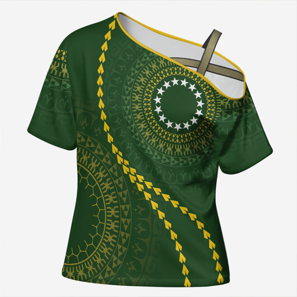 Cook Islands Rugby Custom Cross Shoulder Shirt Kuki Tapa Motifs - Medallion Of Stars LT7 Female Dark Green - Polynesian Pride