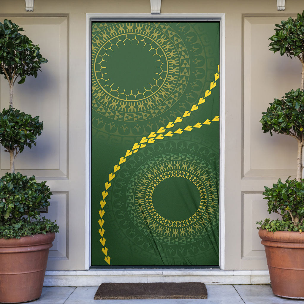 Cook Islands Rugby Door Cover Kuki Tapa Motifs - Medallion Of Stars LT7 Dark Green - Polynesian Pride