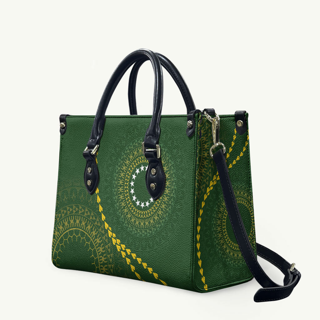 Cook Islands Rugby Leather Bag Kuki Tapa Motifs - Medallion Of Stars LT7 Dark Green - Polynesian Pride