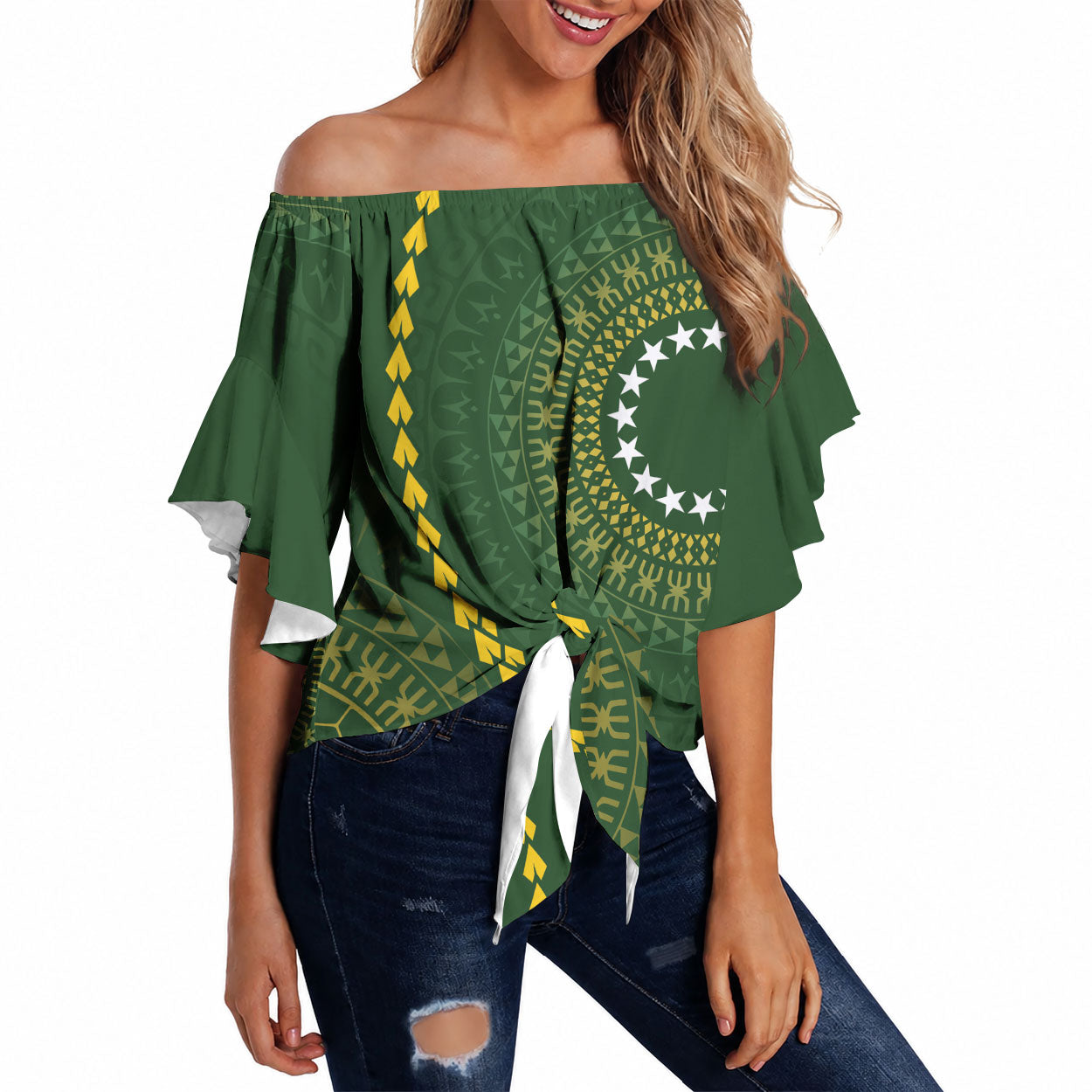 Cook Islands Rugby Custom Off Shoulder Wrap Waist Top Kuki Tapa Motifs - Medallion Of Stars LT7 Dark Green - Polynesian Pride