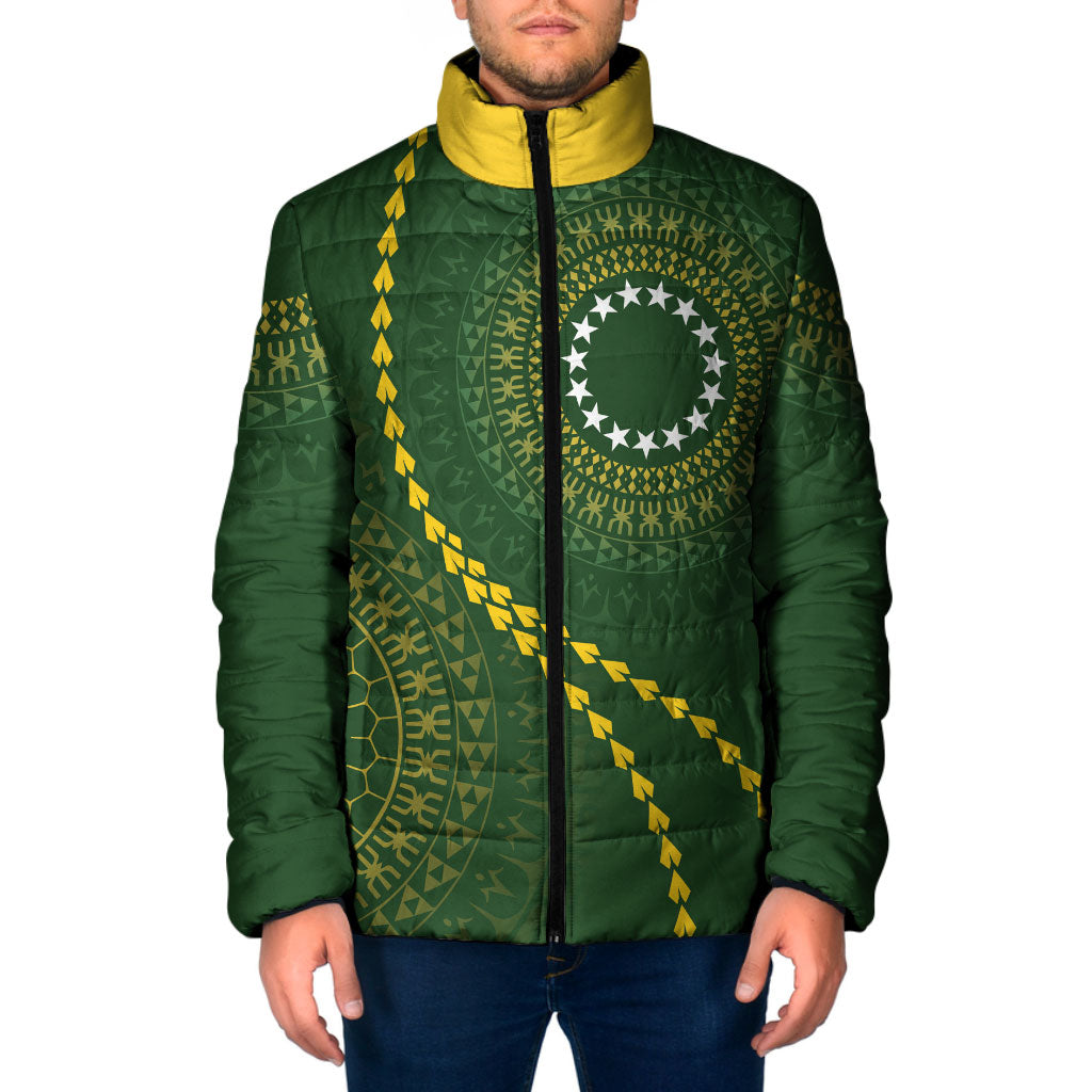 Cook Islands Rugby Custom Padded Jacket Kuki Tapa Motifs - Medallion Of Stars LT7 Men Dark Green - Polynesian Pride