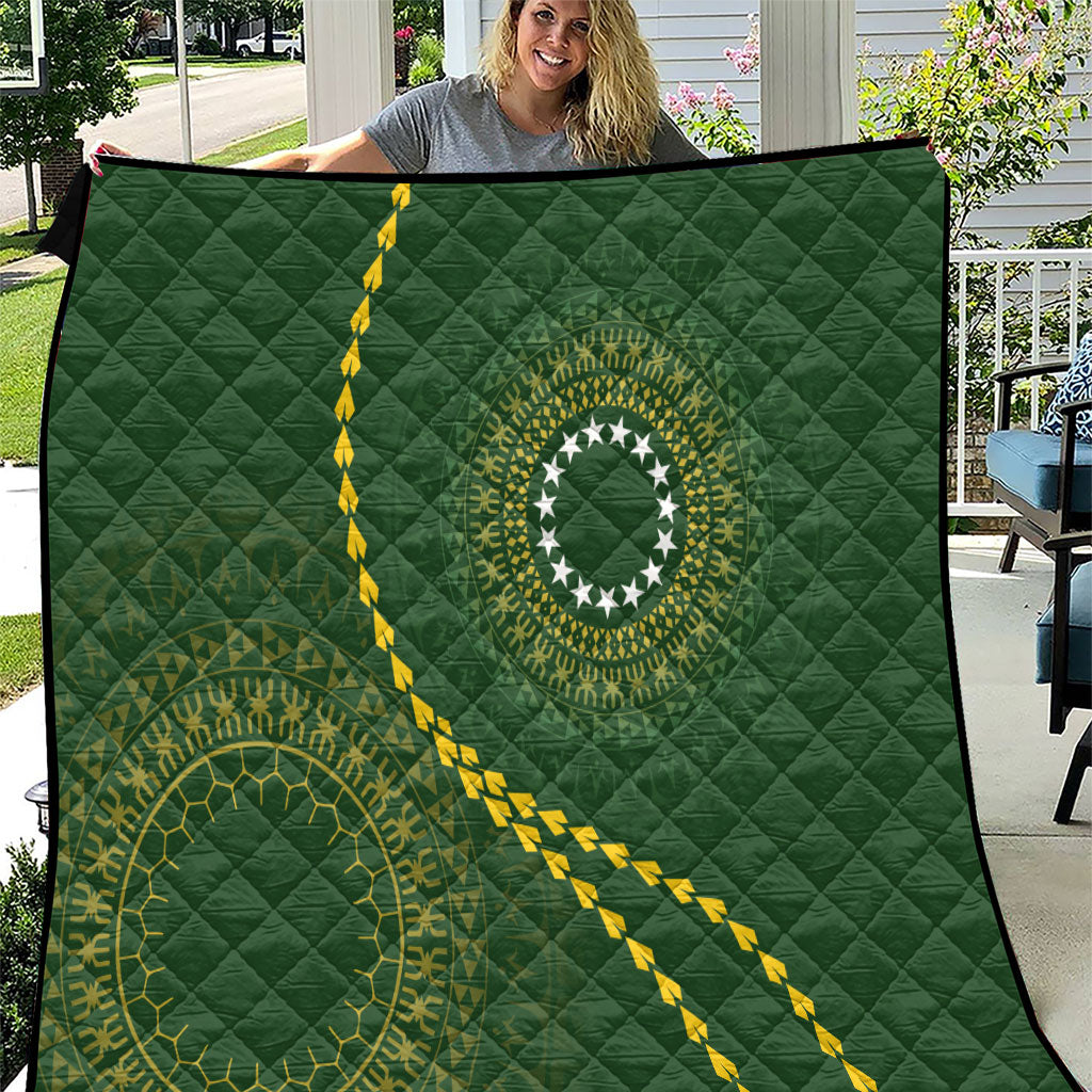 Cook Islands Rugby Quilt Kuki Tapa Motifs - Medallion Of Stars LT7 Dark Green - Polynesian Pride