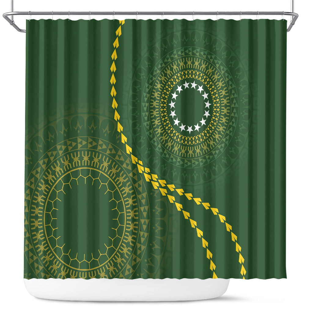 Cook Islands Rugby Shower Curtain Kuki Tapa Motifs - Medallion Of Stars LT7 Dark Green - Polynesian Pride