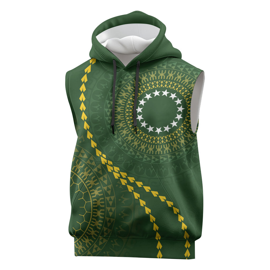 Cook Islands Rugby Custom Sleeveless Hoodie Kuki Tapa Motifs - Medallion Of Stars LT7 Dark Green - Polynesian Pride