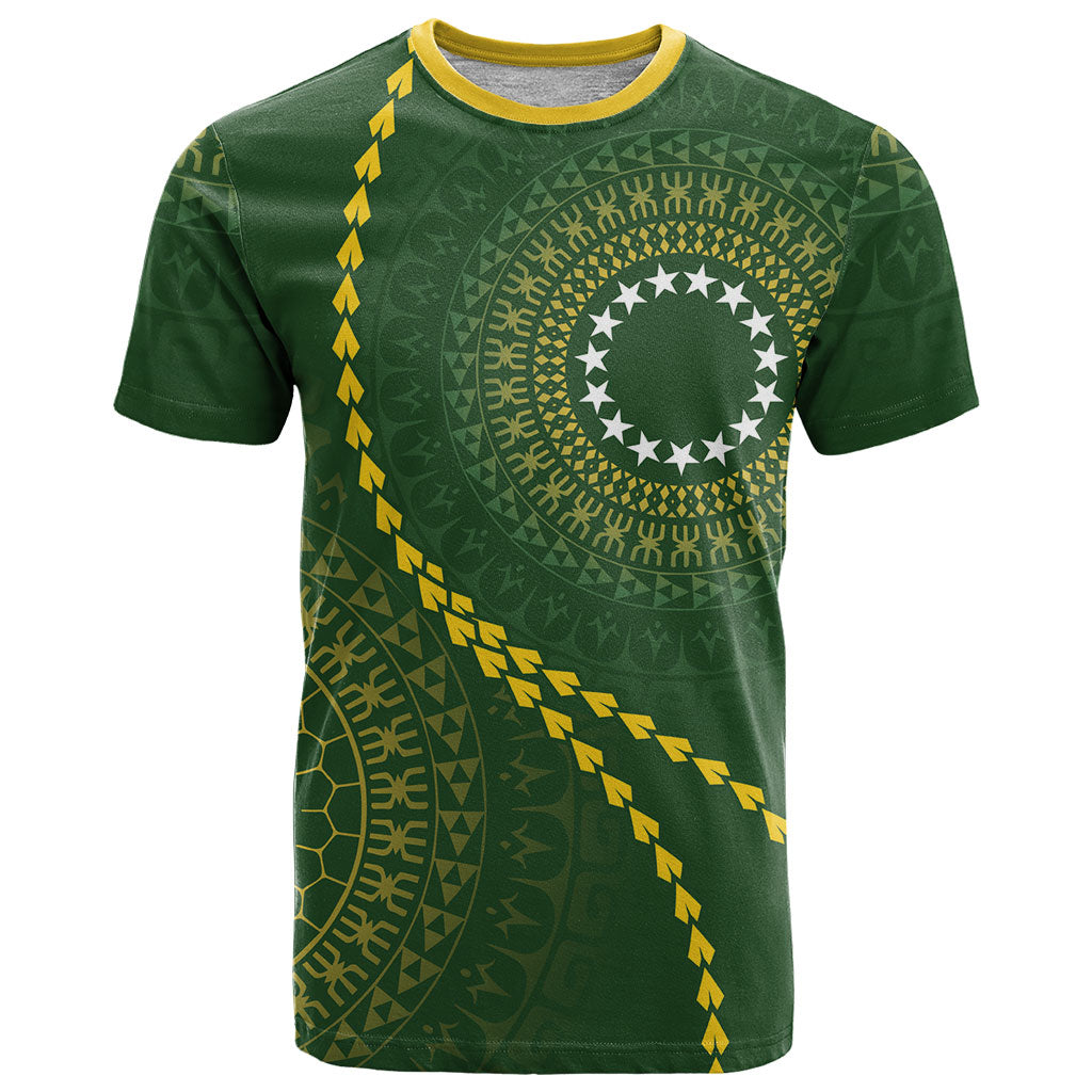Cook Islands Rugby Custom T Shirt Kuki Tapa Motifs - Medallion Of Stars LT7 Dark Green - Polynesian Pride