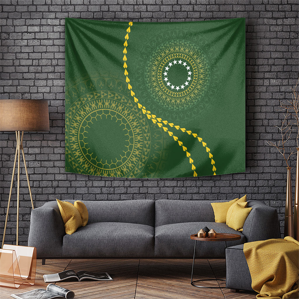Cook Islands Rugby Tapestry Kuki Tapa Motifs - Medallion Of Stars LT7 Dark Green - Polynesian Pride