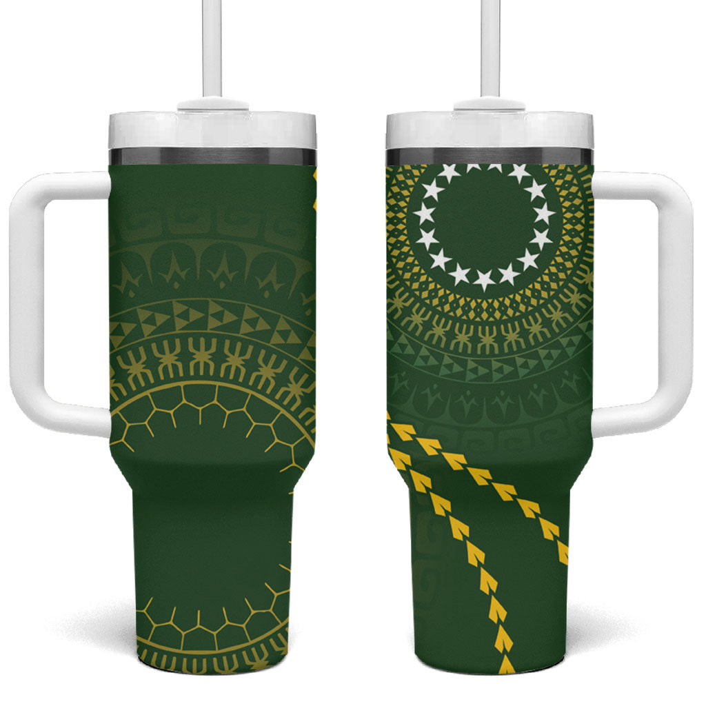 Cook Islands Rugby Tumbler With Handle Kuki Tapa Motifs - Medallion Of Stars LT7 One Size: 40 oz Dark Green - Polynesian Pride