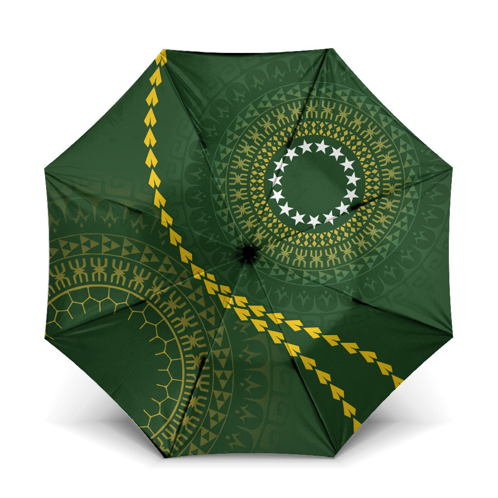 Cook Islands Rugby Umbrella Kuki Tapa Motifs - Medallion Of Stars LT7 One Size Folded 11.42 inch Opened Diameter 37.4 inch Dark Green - Polynesian Pride