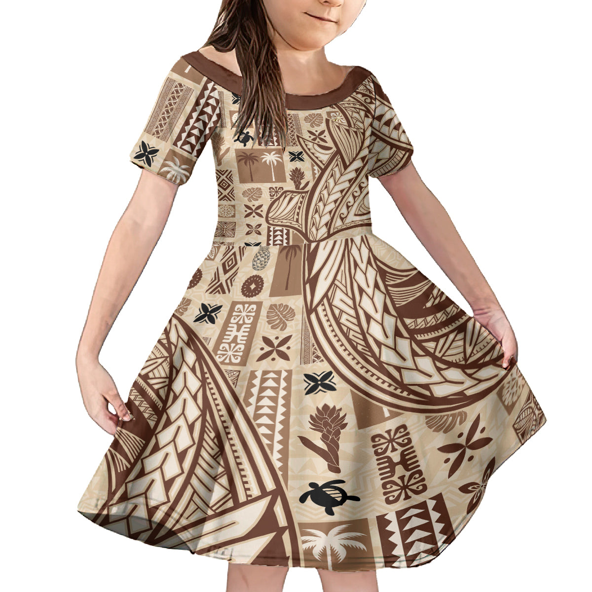 Samoa Tapa Kid Short Sleeve Dress Siapo Mix Tatau Patterns LT7 KID Beige - Polynesian Pride