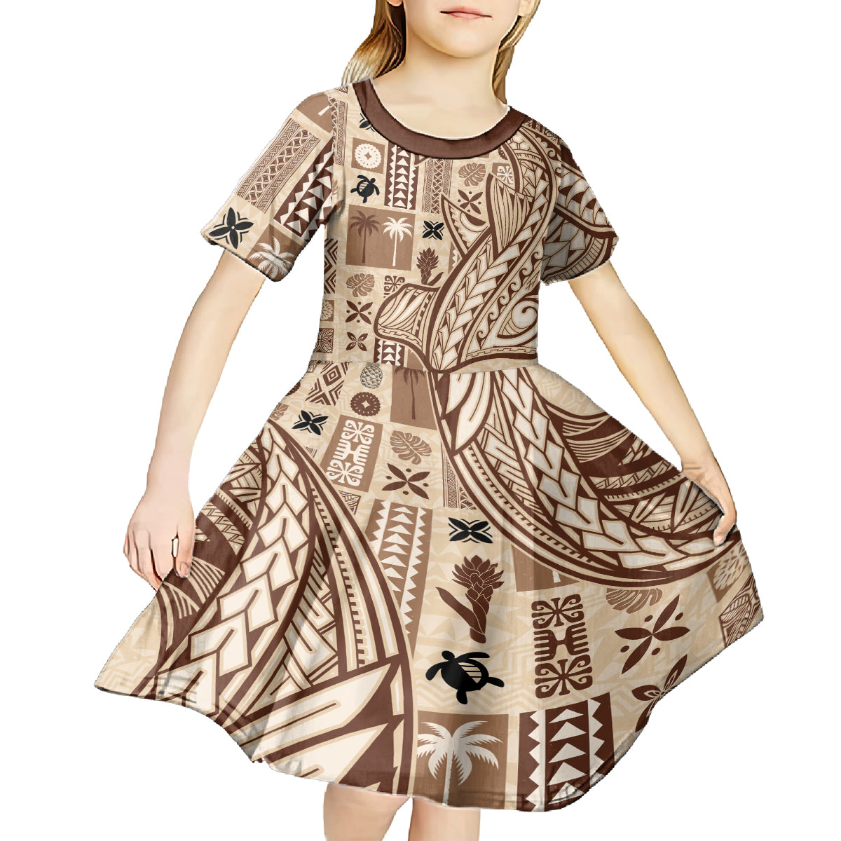 Samoa Tapa Kid Short Sleeve Dress Siapo Mix Tatau Patterns LT7 - Polynesian Pride