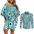 Samoa Tapa Couples Matching Off Shoulder Short Dress and Long Sleeve Button Shirt Siapo Mix Tatau Patterns - Teal LT7 Teal - Polynesian Pride