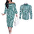 Samoa Tapa Couples Matching Off The Shoulder Long Sleeve Dress and Long Sleeve Button Shirt Siapo Mix Tatau Patterns - Teal LT7 Teal - Polynesian Pride