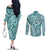 Samoa Tapa Couples Matching Off The Shoulder Long Sleeve Dress and Long Sleeve Button Shirt Siapo Mix Tatau Patterns - Teal LT7 - Polynesian Pride