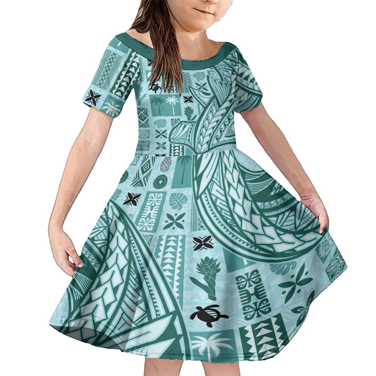 Samoa Tapa Kid Short Sleeve Dress Siapo Mix Tatau Patterns - Teal LT7 KID Teal - Polynesian Pride