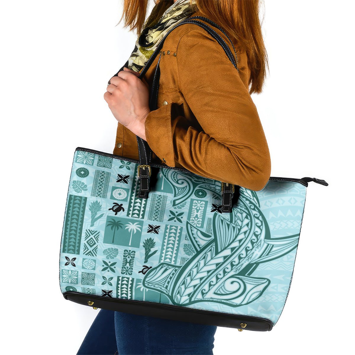 Samoa Tapa Leather Tote Bag Siapo Mix Tatau Patterns - Teal LT7 Teal - Polynesian Pride