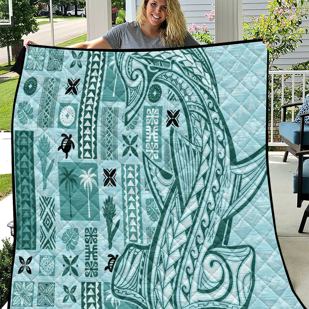 Samoa Tapa Quilt - Siapo Mix Tatau Patterns Teal LT7 Teal - Polynesian Pride