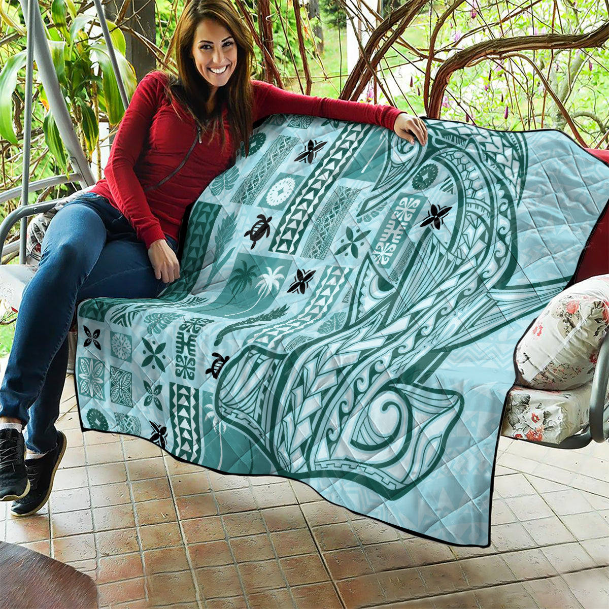 Samoa Tapa Quilt - Siapo Mix Tatau Patterns Teal LT7 - Polynesian Pride