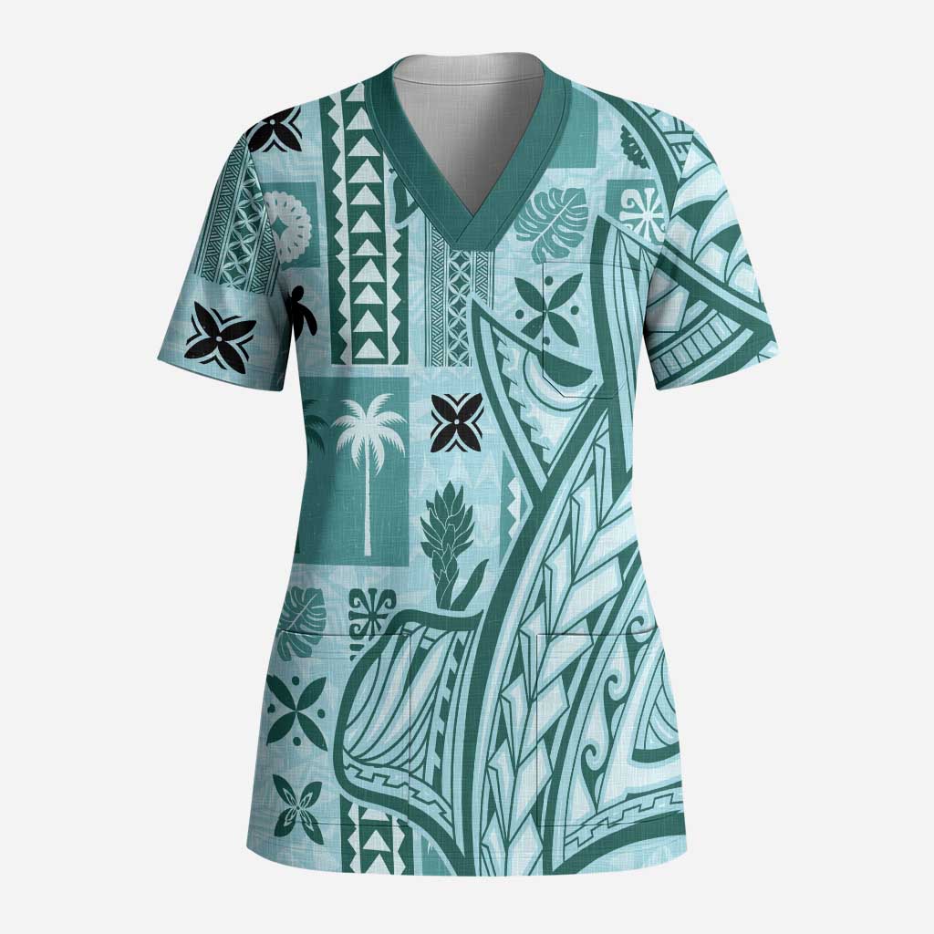 Samoa Tapa Scrub Top Siapo Mix Tatau Patterns - Teal LT7 Adult Teal - Polynesian Pride