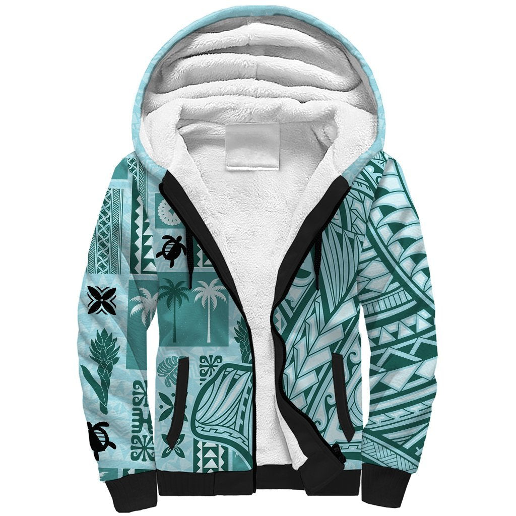 Samoa Tapa Sherpa Hoodie Siapo Mix Tatau Patterns - Teal LT7 Unisex Teal - Polynesian Pride