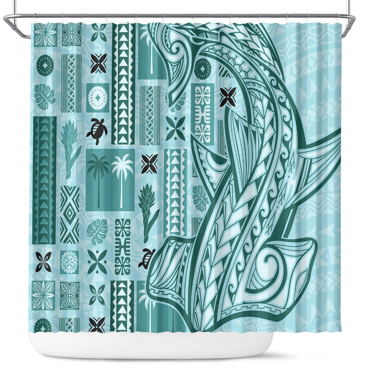 Samoa Tapa Shower Curtain Siapo Mix Tatau Patterns - Teal LT7 Teal - Polynesian Pride