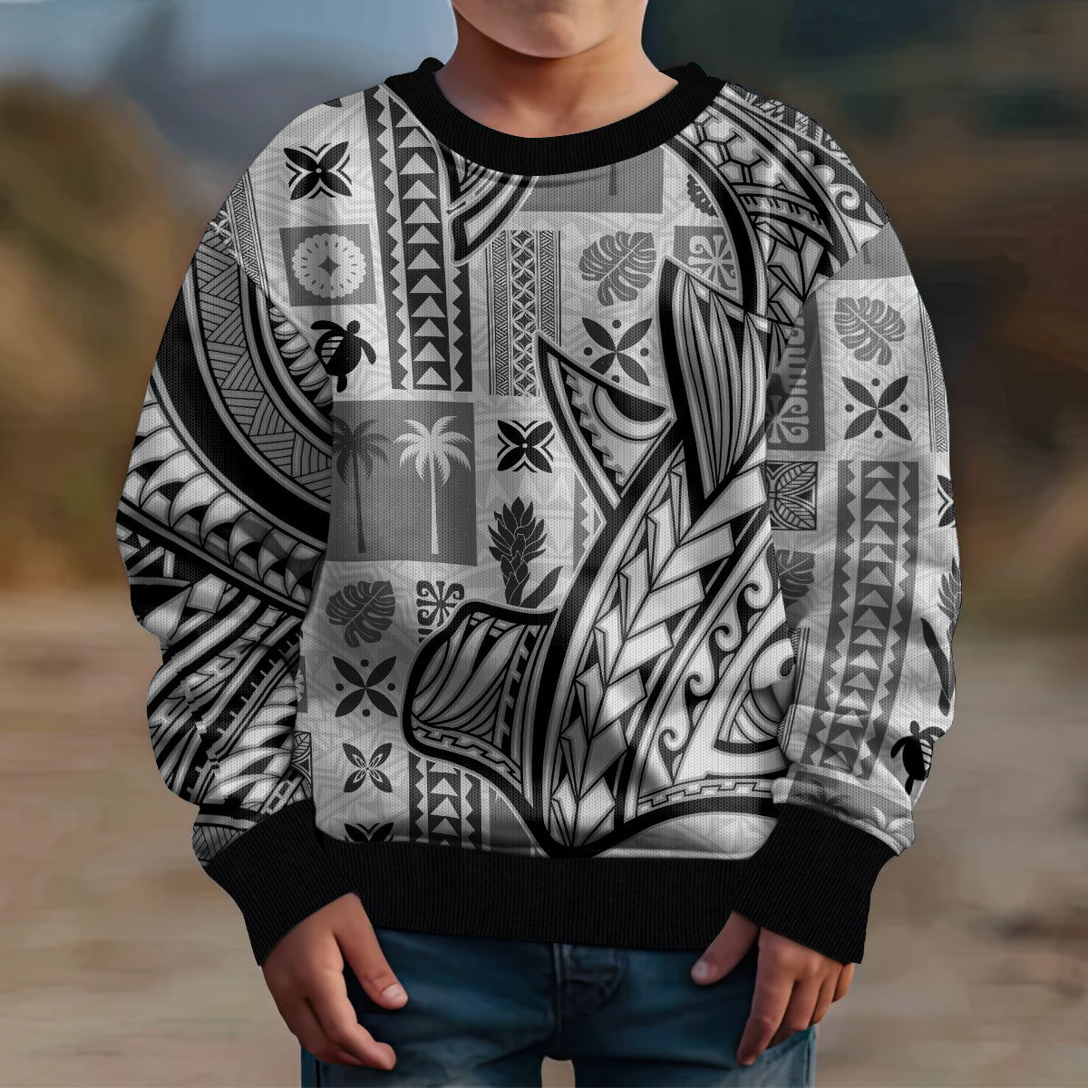 Samoa Tapa Kid Ugly Christmas Sweater Siapo Mix Tatau Patterns - White LT7 - Polynesian Pride