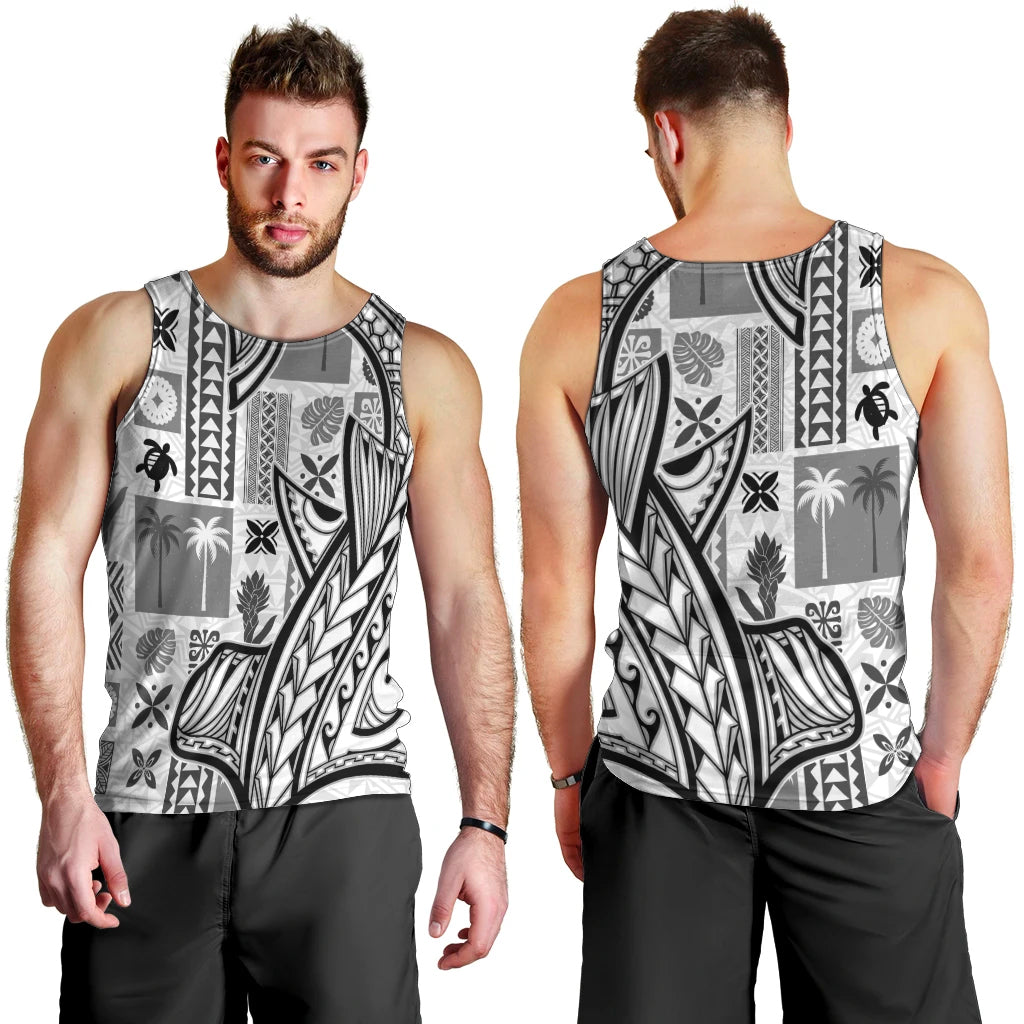 Samoa Tapa Men Tank Top Siapo Mix Tatau Patterns - White LT7 - Polynesian Pride