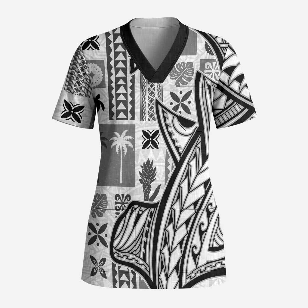 Samoa Tapa Scrub Top Siapo Mix Tatau Patterns - White LT7 Adult White - Polynesian Pride