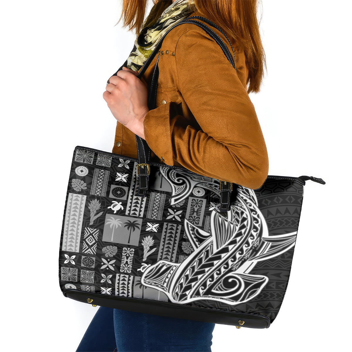 Samoa Tapa Leather Tote Bag Siapo Mix Tatau Patterns - Black LT7 Black - Polynesian Pride