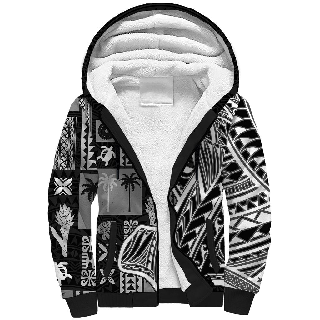 Samoa Tapa Sherpa Hoodie Siapo Mix Tatau Patterns - Black LT7 Unisex Black - Polynesian Pride