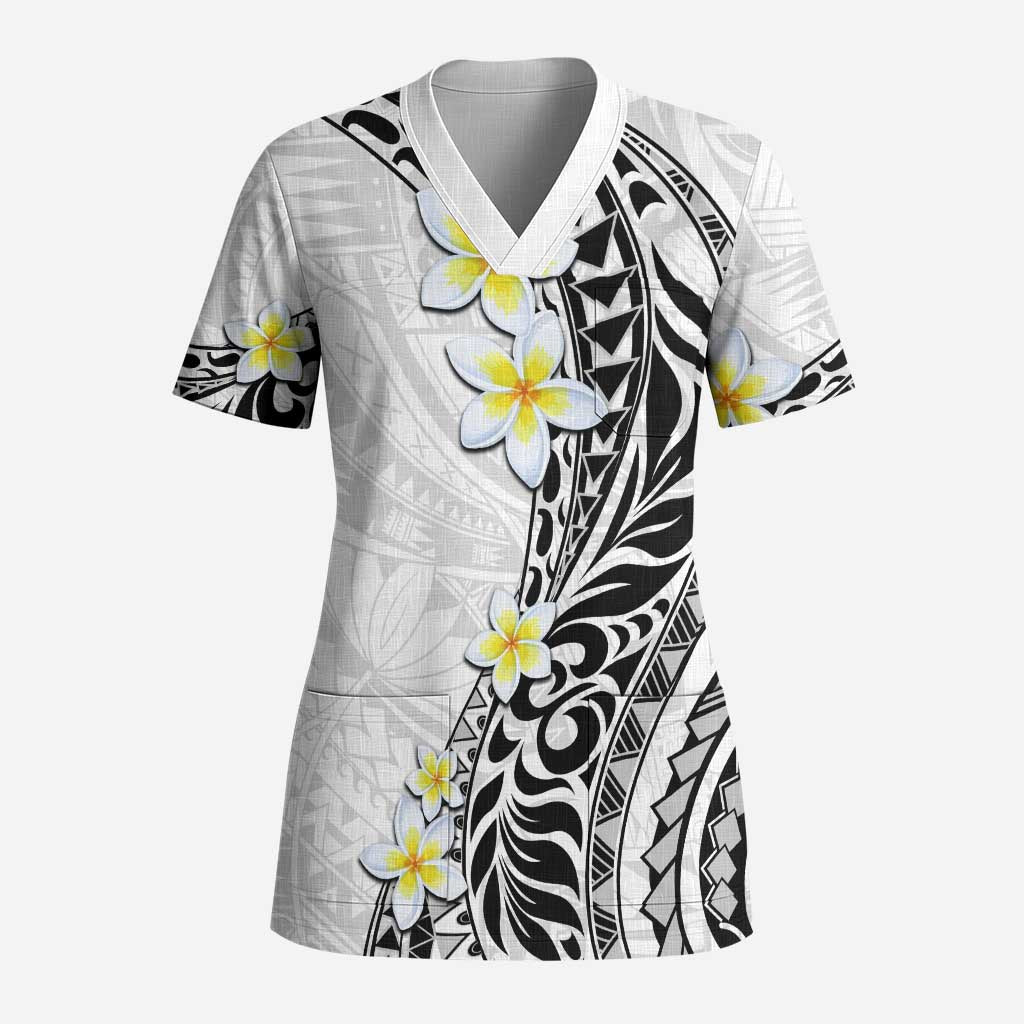Hawaii Aloha Scrub Top Plumeria Vintage - White LT7 Adult White - Polynesian Pride