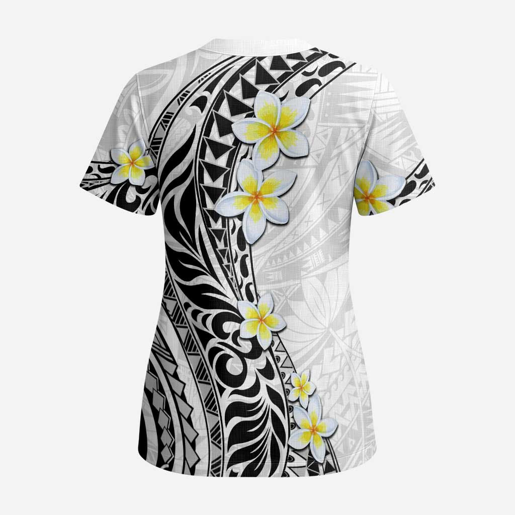 Hawaii Aloha Scrub Top Plumeria Vintage - White LT7 - Polynesian Pride